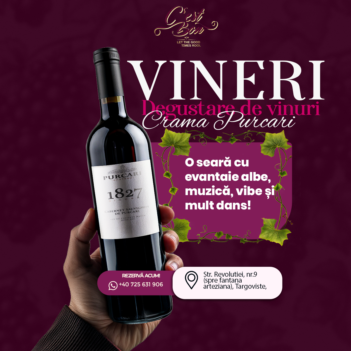 Degustare de vinuri în Centrul Vechi din Târgoviște: C’est Bon aduce Crama Purcari și o seară de neuitat